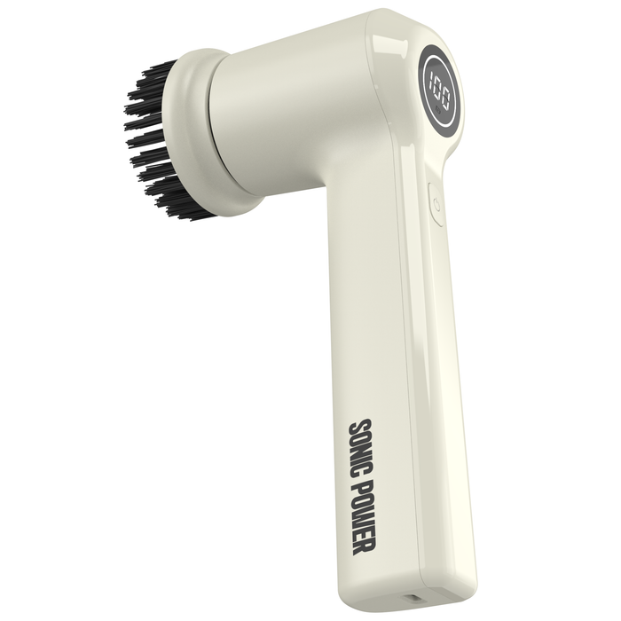 White sonic cleaning brush with bristle head on a white background