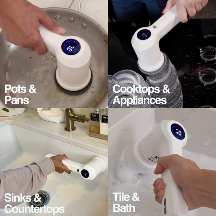 Sonic Power Collage of a handheld cleaning device being used on various surfaces including pots & pans, cooktops & appliances, sinks & countertops, and tile & bath.