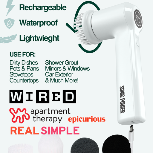 Sonic Power White handheld cleaning tool with features listed on a white background