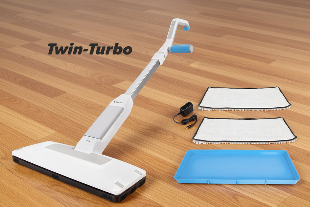 YMop Twin-Turbo floor cleaning device with attachments on a wooden floor