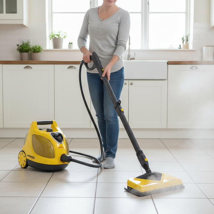 Person using a Vapamore steam cleaner on a tiled floor in a kitchen.