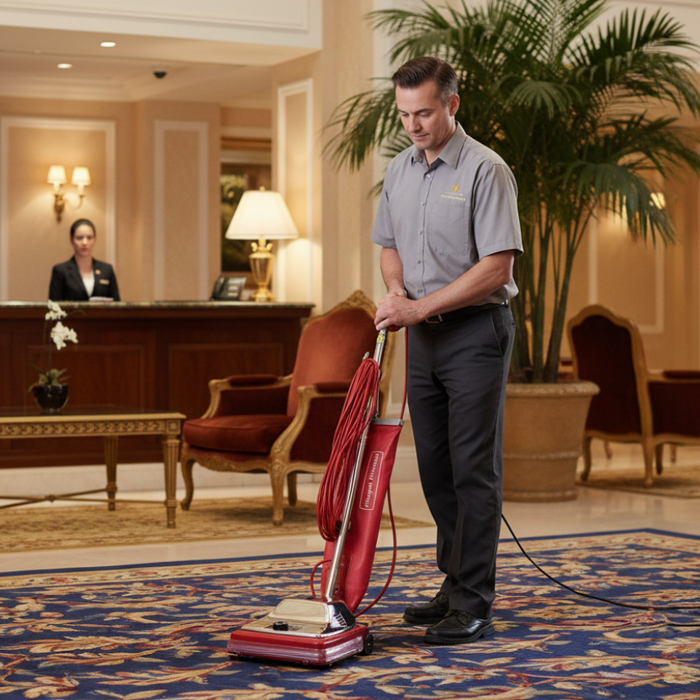 Man cleaning a hotel lobby with a Sanitaire vacuum cleaner, reception desk in the background.