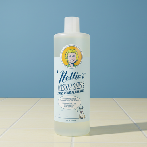 Bottle of Nellie's Floor Care on a tiled floor with a blue background