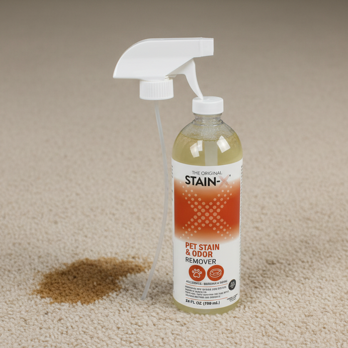 Bottle of Stain-X Pet Stain & Odor Remover on a carpet with a stain.