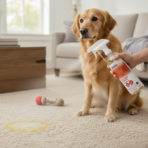 Dog sitting on a carpet with a person holding a Stain-X spray bottle in a living room.