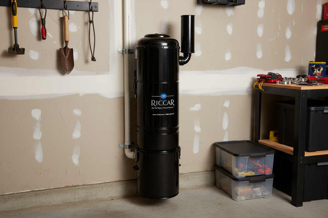 central vacuum unit hanging on wall in garage