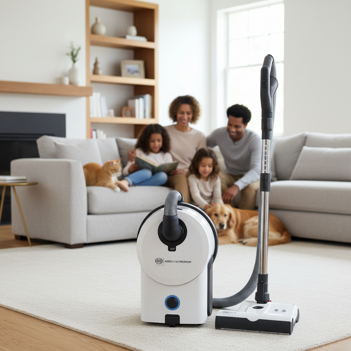 Sebo vacuum cleaner on a carpet with a family and pet in the background. Sebo Airbelt D4 White Canister Vacuum 90941AM Capital Vacuum Raleigh Cary NC