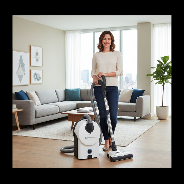 A woman stands in a bright living room holding a Sebo D4 vacuum cleaner handle. The Sebo D4 vacuum is white and gray with a silver wand, and the room features a light gray sectional sofa, wooden floors, and a potted plant. Capital Vacuum Raleigh Cary NC