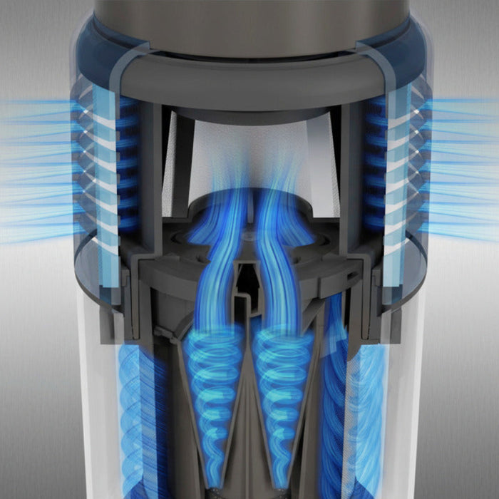 Cross-sectional diagram of a Sebo Balance A1 with blue arrows indicating airflow. Sebo Balance A1 Cordless Vacuum 95010AM Gray Capital Vacuum Raleigh Cary NC