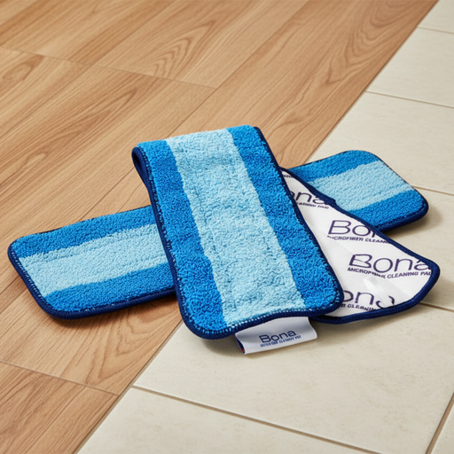 Blue cleaning pads on a wooden and tiled floor