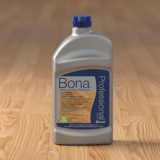 Bona hardwood floor refresher bottle on a wooden floor