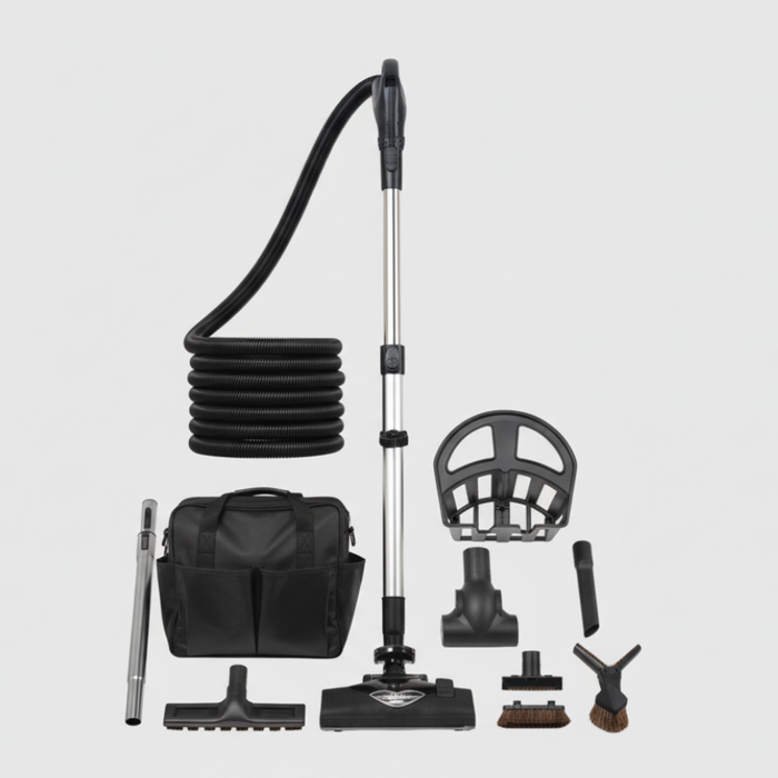 Set of black Riccar central vacuum cleaning tools including a vacuum cleaner and attachments on a light gray background