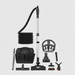 Set of black Riccar central vacuum cleaning tools including a vacuum cleaner and attachments on a light gray background
