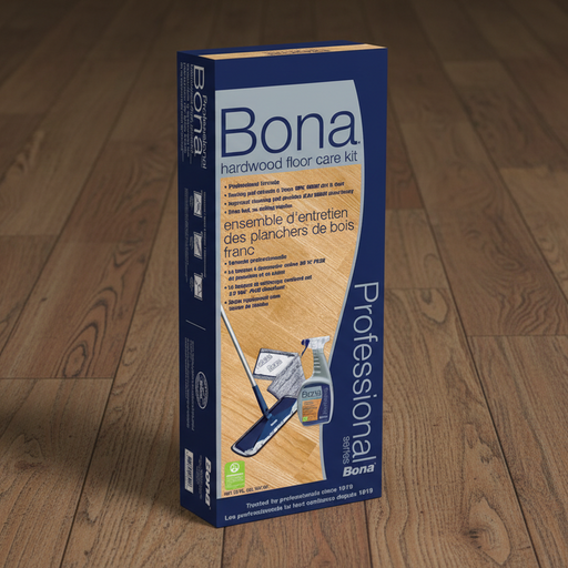 Bona hardwood floor care kit packaging on a wooden floor