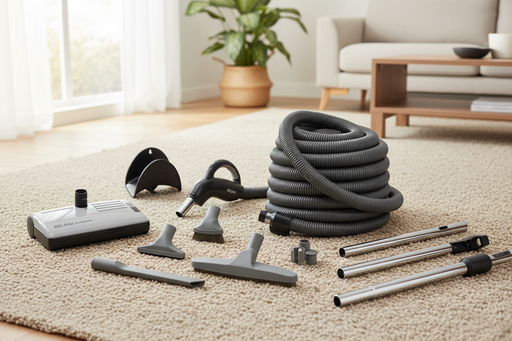 Vacuum cleaner set with attachments on a carpeted floor in a living room. Beam Central Vacuum Attachment Set Deluxe Rugmaster  Capital Vacuum Raleigh Cary NC