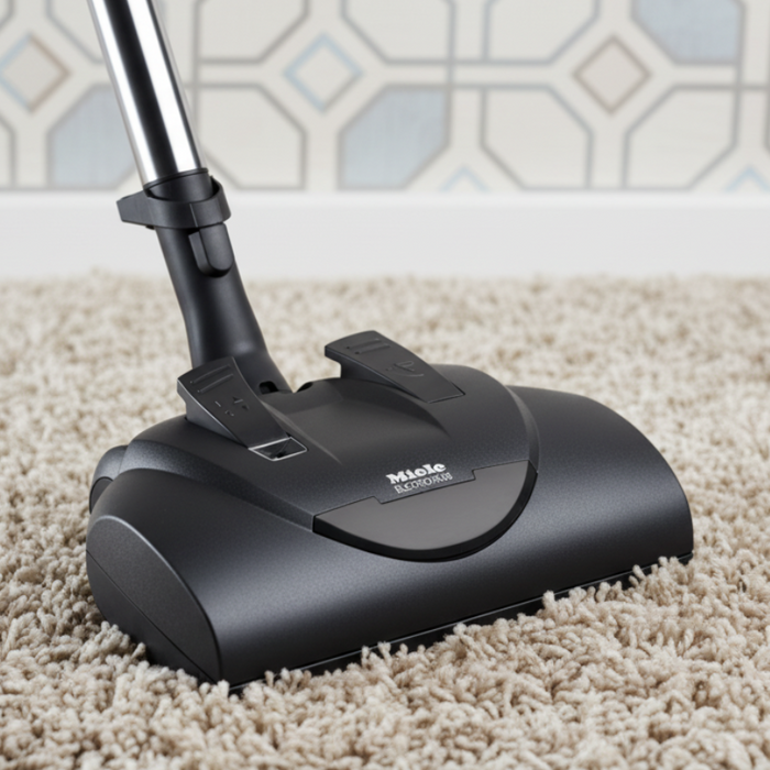 Black Miele vacuum cleaner head on a carpet with a patterned wall in the background