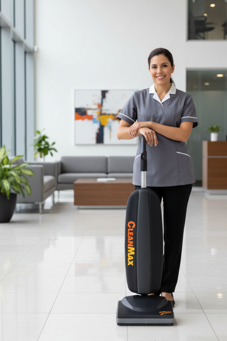 Woman in a gray uniform holding a vacuum cleaner labeled 'Cleanmax' in a modern office setting.