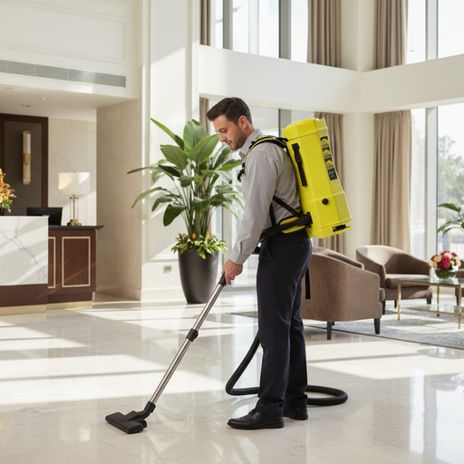 Man using a Clean Obsessed backpack vacuum in a hotel lobby