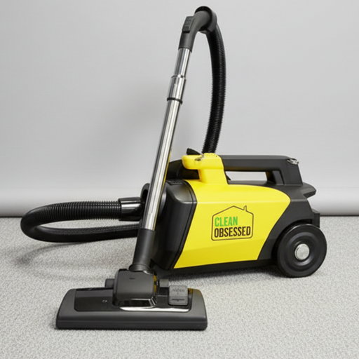 Yellow and black vacuum cleaner with 'Clean Obsessed' branding on a gray background