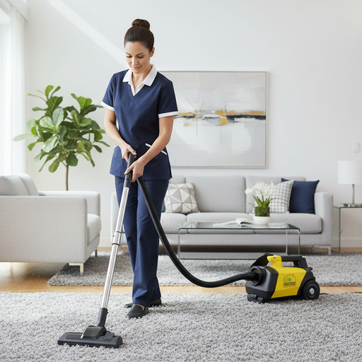 Woman cleaning a carpet with a Clean Obsessed vacuum cleaner in a living room.