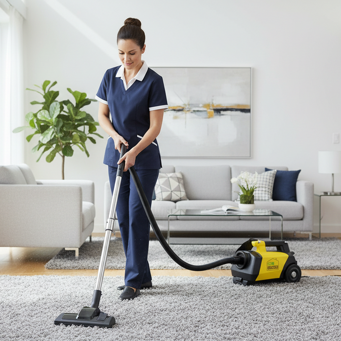 Woman cleaning a carpet with a Clean Obsessed vacuum cleaner in a living room.