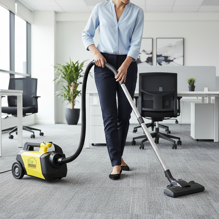 Woman using a Clean Obsessed vacuum cleaner in an office setting