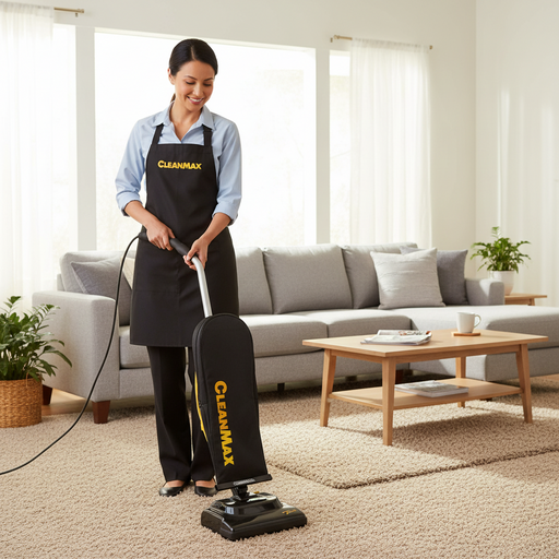 Mmiling woman housekeeper using a CleanMax vacuum in living room on carpet