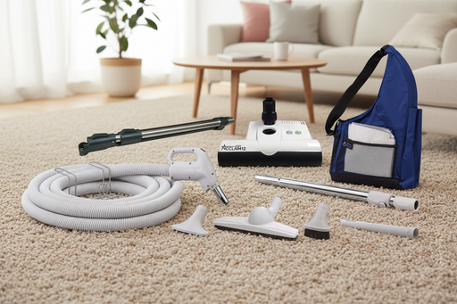 A set of Element central vacuum attachments including a hose, power nozzle, floor and dusting tools, and a hose hanger rack, displayed on a white background.