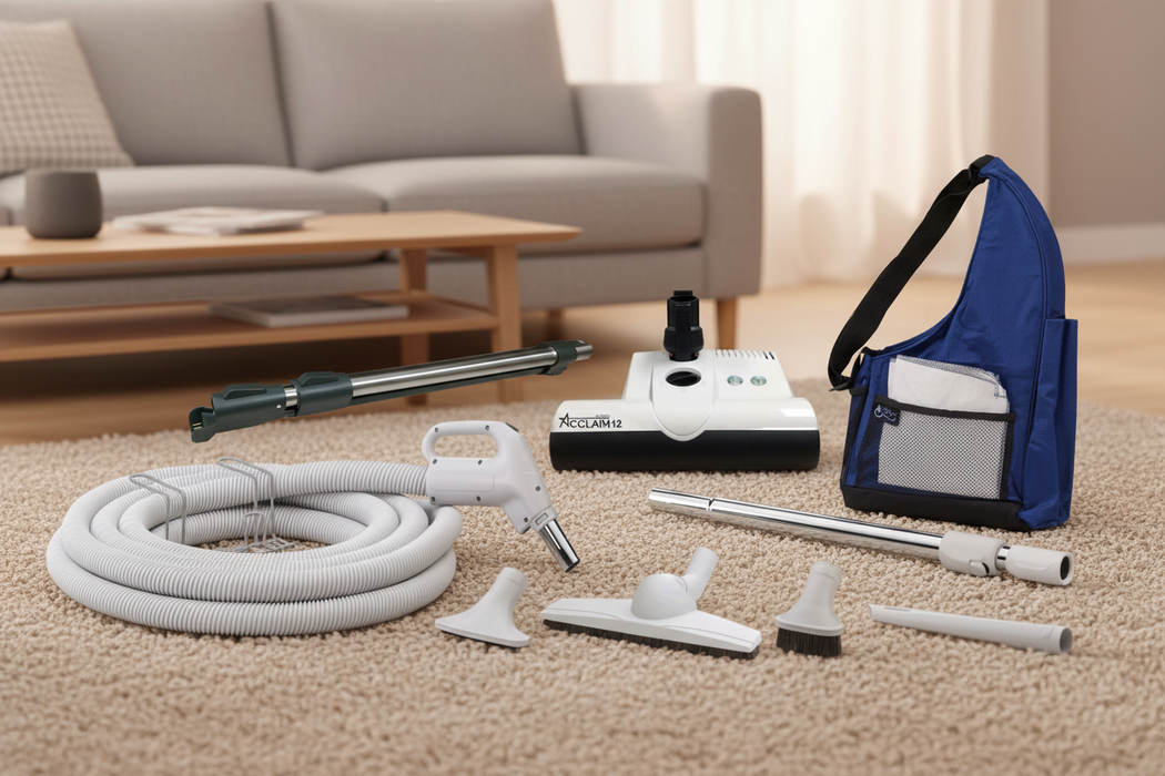 A set of Element central vacuum attachments including a hose, power nozzle, floor and dusting tools, and a hose hanger rack, displayed on a white background.
