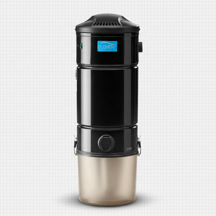  Element Central Vacuum 1700 Power Unit, with a cylindrical shape and a self-cleaning filter door on the side on grid background