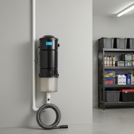  Element Central Vacuum 1700 Power Unit, with a cylindrical shape and a self-cleaning filter door on the side in garage