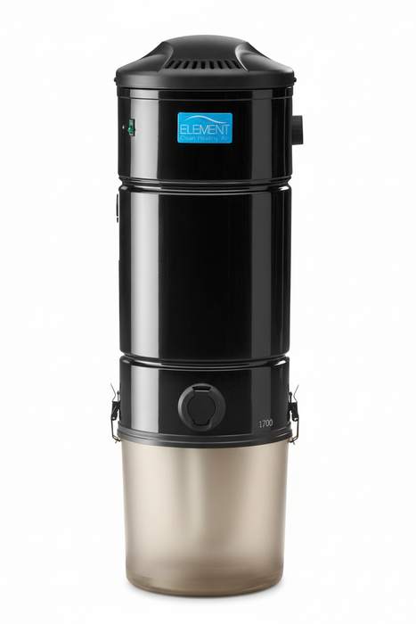  Element Central Vacuum 1700 Power Unit, with a cylindrical shape and a self-cleaning filter door on the side on white background