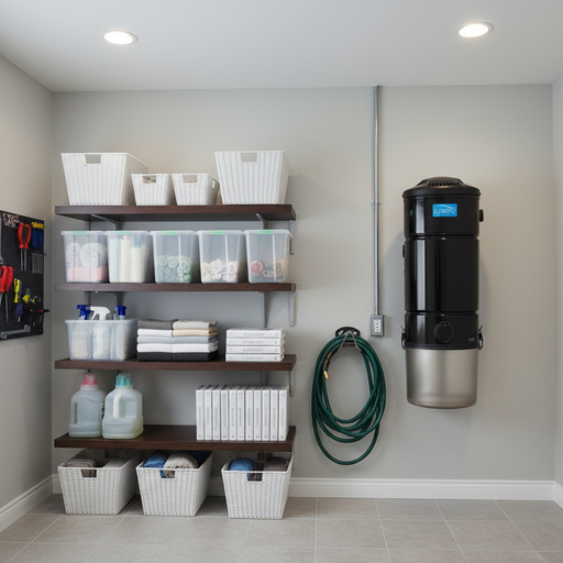 Element 2300 Central Vacuum on wall in storage room. Capital Vacuum Raleigh Cary NC