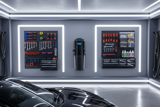 Modern garage with tool organization system on the wall. A black Element Central Vacuum DB8000 Power Unit, featuring a cylindrical shape with a bucket on top and a utilitarian design for home vacuuming needs. Capital Vacuum Raleigh Cary NC