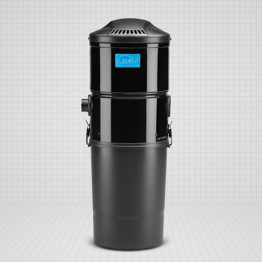 Black central vacuum with 'Element' branding on a grid background. Capital Vacuum Raleigh Cary NC