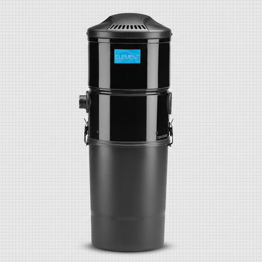 A black Element Central Vacuum DB8000 Power Unit, featuring a cylindrical shape with a bucket on top and a utilitarian design for home vacuuming needs. Capital Vacuum Raleigh Cary NC