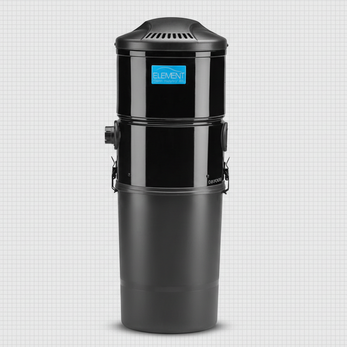 A black Element Central Vacuum DB8000 Power Unit, featuring a cylindrical shape with a bucket on top and a utilitarian design for home vacuuming needs. Capital Vacuum Raleigh Cary NC
