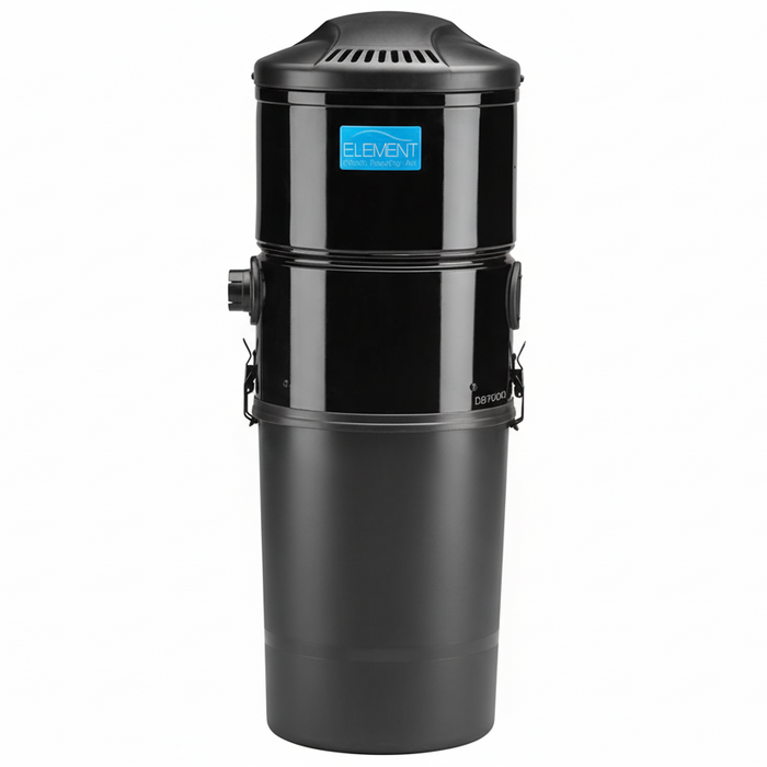 A black Element Central Vacuum DB7000 Power Unit, featuring a cylindrical shape with a bucket on top and a utilitarian design for home vacuuming needs on white background. Capital Vacuum Raleigh Cary NC