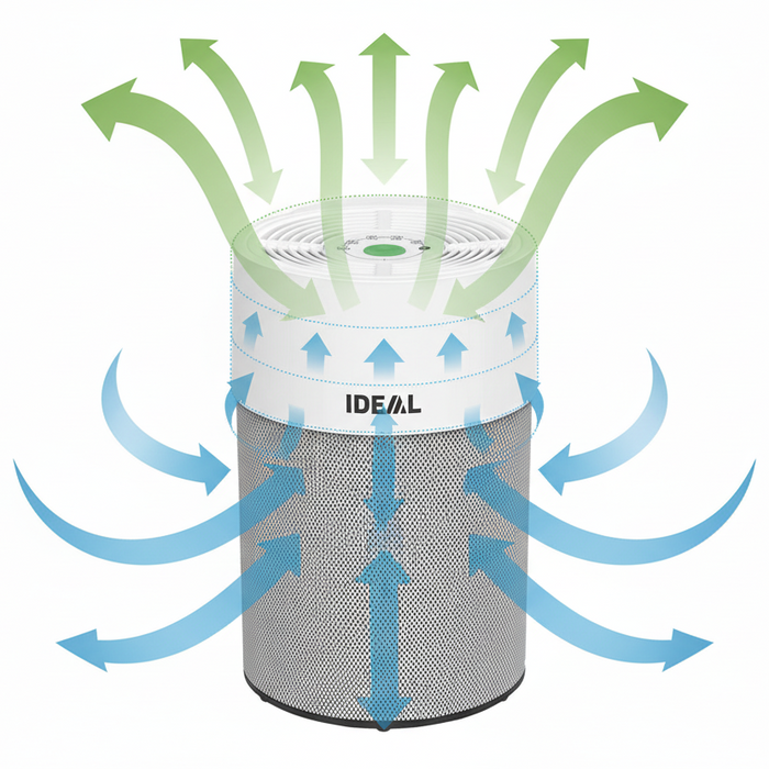 Ideal AP30/40Air filter with labeled airflow directions on a white background. deal Air Purifier AP40 Air Cleaner Capital Vacuum Raleigh Cary NC