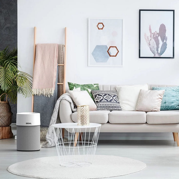 Ideal AirPurifier AP40 Modern living room with a white sofa, decorative pillows, and a coffee table. Ideal Air Purifier AP40 Air Cleaner Capital Vacuum Raleigh Cary NC