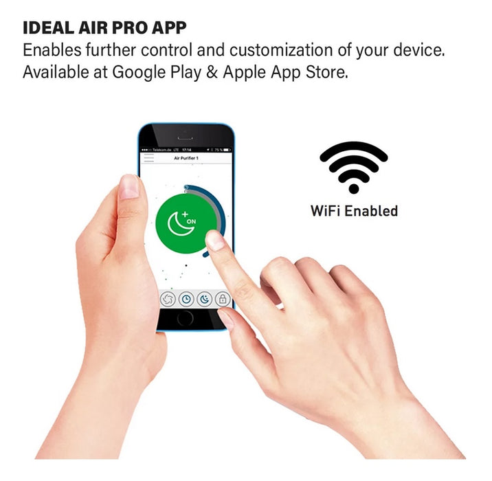 Ideal Smart device app interface with hands interacting, WiFi enabled icon displayed. Ideal Air Purifier AP40 Air Cleaner Capital Vacuum Raleigh Cary NC
