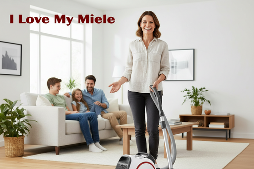 Woman using a Miele CX1 Boost vacuum cleaner in a living room with 'I Love My Miele' text. Capital Vacuum Raleigh Cary NC