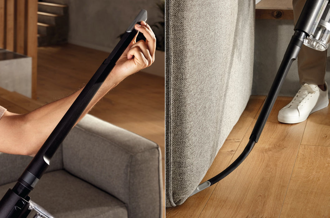 Person using a Miele Duoflex HX1 Cordless Stick Broom Vacuum Cleaner Total Care, Black & Gold SQLL0 demonstrating crevice tool. Capital Vacuum Raleigh Cary NC
