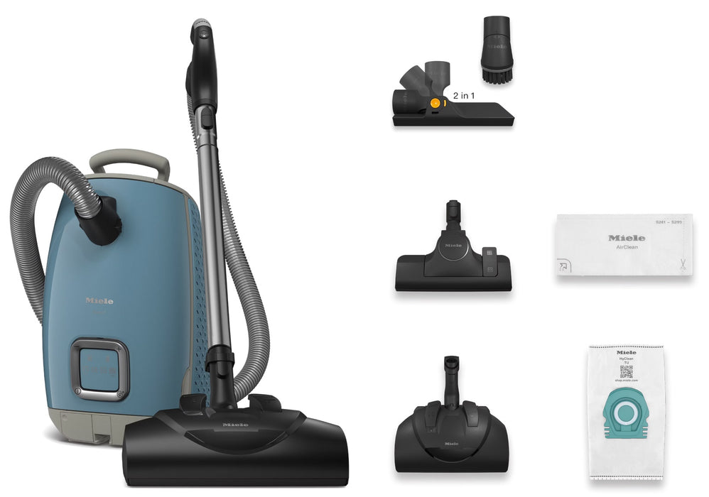 Miele Miele Guard L1  Nordic Blue vacuum cleaner set with attachments on a white background