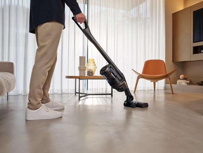 Miele Triflex HX1 HX2 Cordless in upright mode in room. Capital Vacuum Raleigh Cary NC