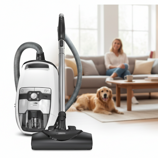 Miele vacuum cleaner in a living room with a woman, dog, and cat. Miele Cat & Dog CX1 Bagless Canister Vacuum Cleaner SKCE0 Capital Vacuum Raleigh Cary NC