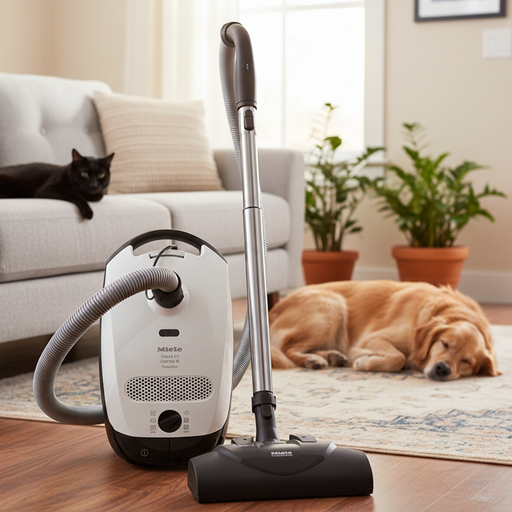Miele vacuum cleaner in a living room with a cat and dog on the floor. Miele Cat & Dog Classic C1 Canister Vacuum Cleaner Capital Vacuum Raleigh Cary NC