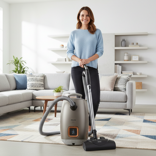 Woman using a Miele vacuum cleaner in a living room. Miele Guard L1 Electro Titanium PF SUFE0 Canister Vacuum Cleaner Capital Vacuum Raleigh Cary NC