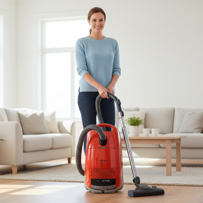Woman using a red Miele vacuum cleaner in a living room. Miele Guard M1 Terra Red SVWE0 Canister Vacuum Cleaner Capital Vacuum Raleigh Cary NC