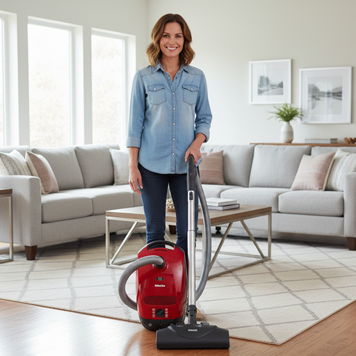 Woman using a red Miele vacuum cleaner in a living room.  Miele Homecare Classic C1  Canister Vacuum Cleaner Capital Vacuum Raleigh Cary NC